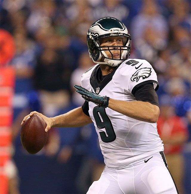 Philadelphia Eagles quarterback Nick Foles looks for a receiver during the first quarter of their game against the Indianapolis Colts on Monday, Sept. 15, 2014, at Lucas Oil Stadium in Indianapolis. (David Maialetti/Philadelphia Inquirer/MCT)