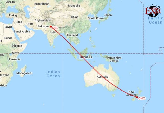 Delhi to Christchurch Map