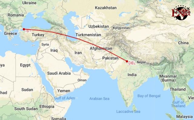 Delhi to Istanbul Map