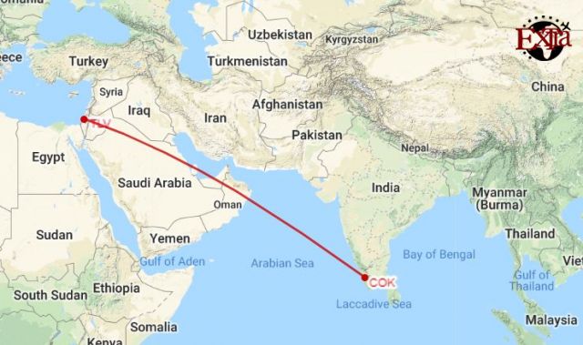 Kochi to Tel Aviv Map