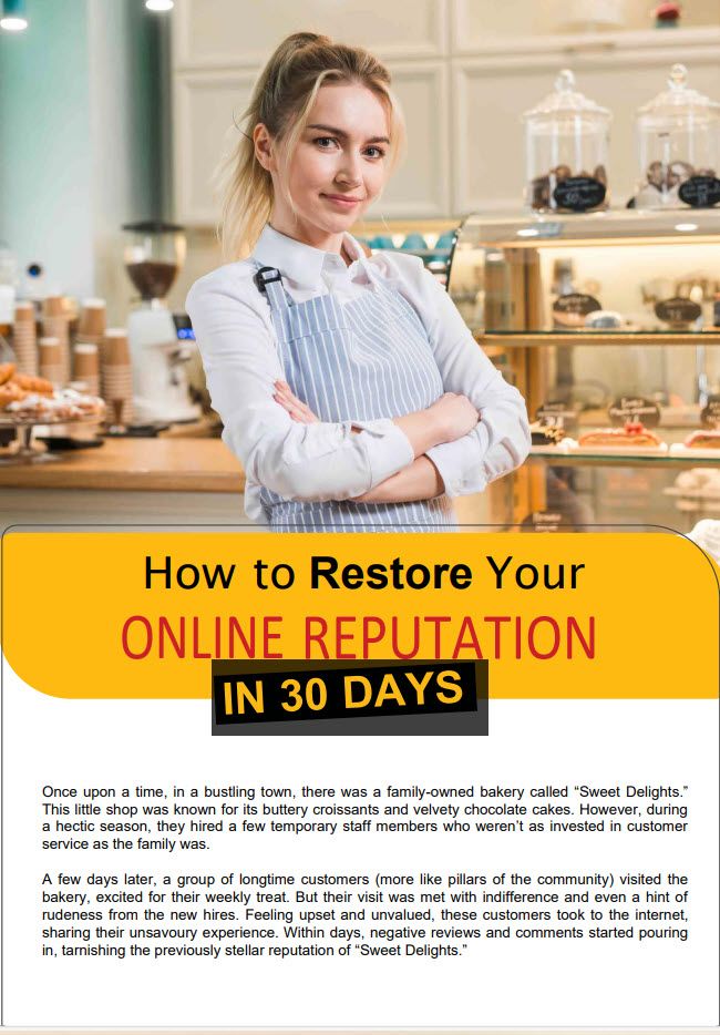 Confident Woman In A Bakery Setting With Promotional Material About Restoring Online Reputation In 30 Days.