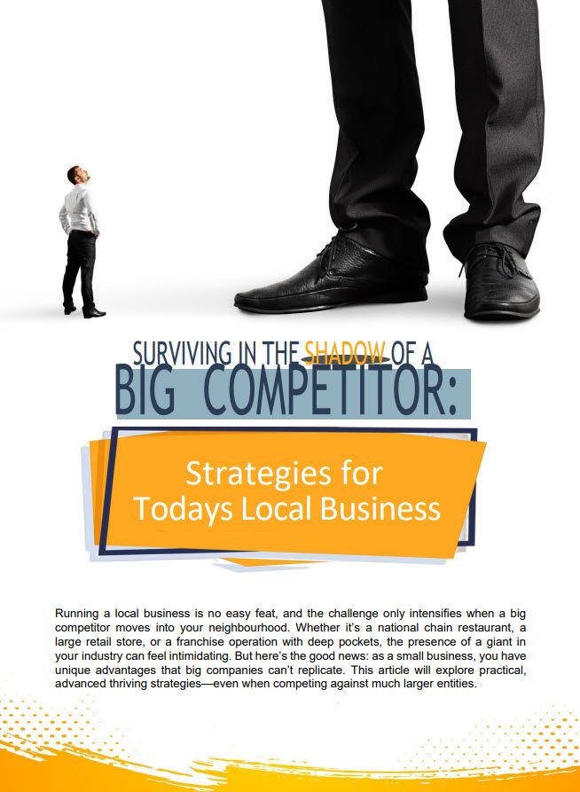 Business Person Standing Over A Pamphlet Titled &Quot;Surviving In The Shadow Of A Big Competitor: Strategies For Today'S Local Business,&Quot; With Text About Challenges And Strategies For Small Businesses.