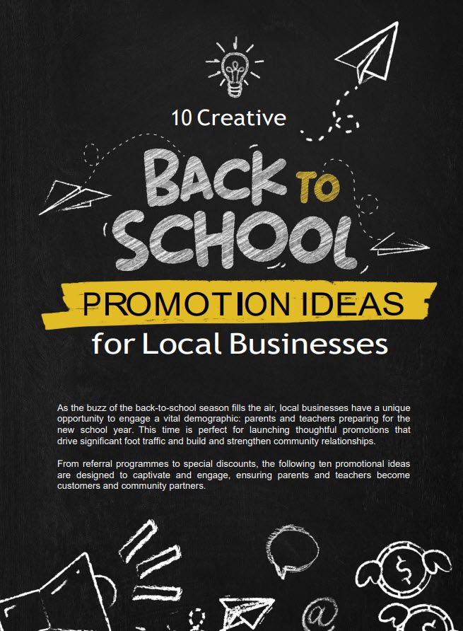 Promotional Flyer Titled &Quot;10 Creative Back To School Promotion Ideas For Local Businesses&Quot; With Graphics Of Lightbulbs And School-Related Doodles.