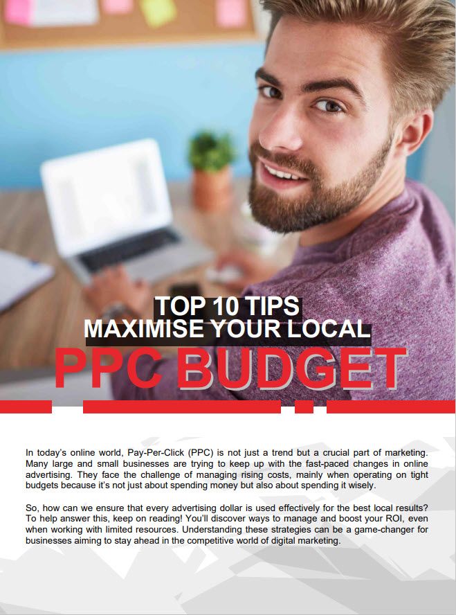 A Man Holding A Tablet And Smiling At The Camera With Text About Maximizing Local Ppc Budget Above Him.