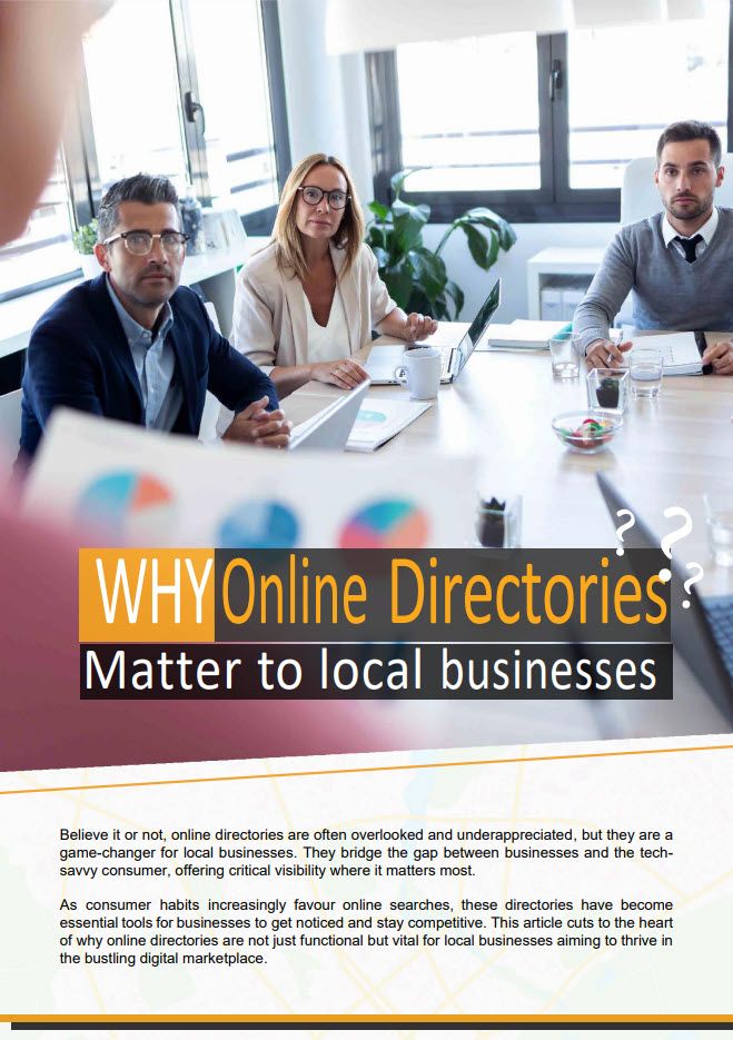 Three professionals sitting at a conference table with a presentation behind them titled "why online directories matter to local businesses.