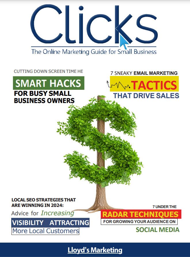 Cover of "Clicks: The Online Marketing Guide for Small Business" with headlines about marketing hacks, email tactics, local SEO strategies, and social media growth, featuring a dollar-sign-shaped tree at the centre.