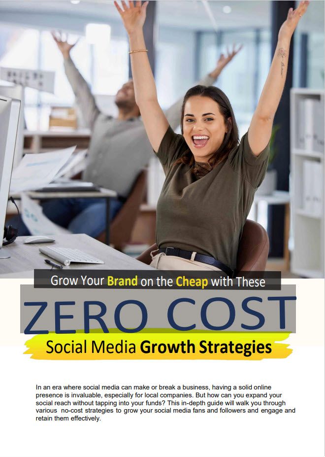 A Woman In An Office Setting Celebrates With Her Arms Raised, Possibly Due To A Business Success, With A Background Article About Zero-Cost Social Media Growth Strategies.