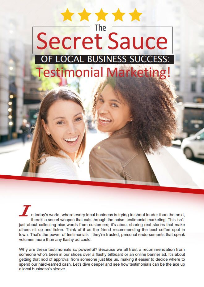Two Smiling Women Stand Closely Together, One With Curly Brown Hair And The Other With Straight Blonde Hair. The Text Highlights The Benefits Of Testimonial Marketing For Local Business Success.