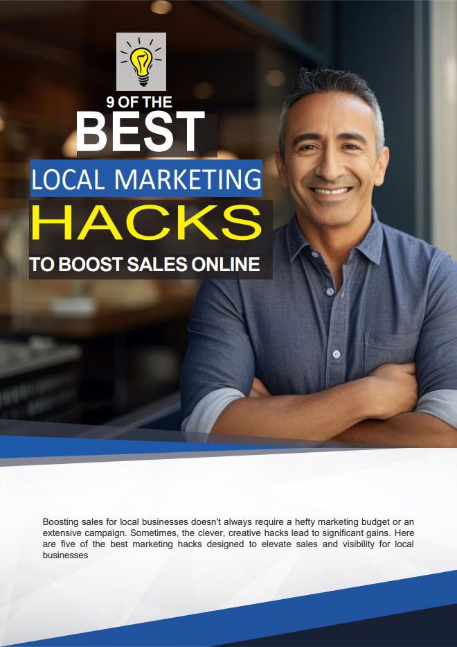 A Man In A Blue Shirt Stands With Folded Arms, Smiling. Text Promotes &Quot;9 Of The Best Local Marketing Hacks To Boost Sales Online&Quot; With A Note On Innovative Strategies For Local Business Growth.
