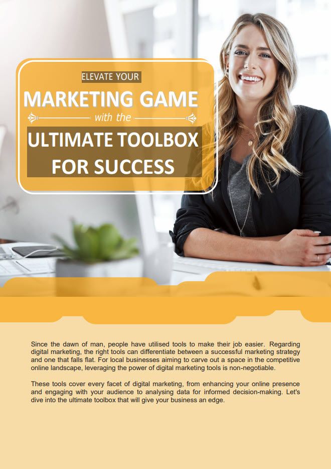 A Woman Smiles While Sitting At A Table. The Text Reads, &Quot;Elevate Your Marketing Game With The Ultimate Toolbox For Success&Quot; And Provides Information On The Importance Of Using Digital Marketing Tools.