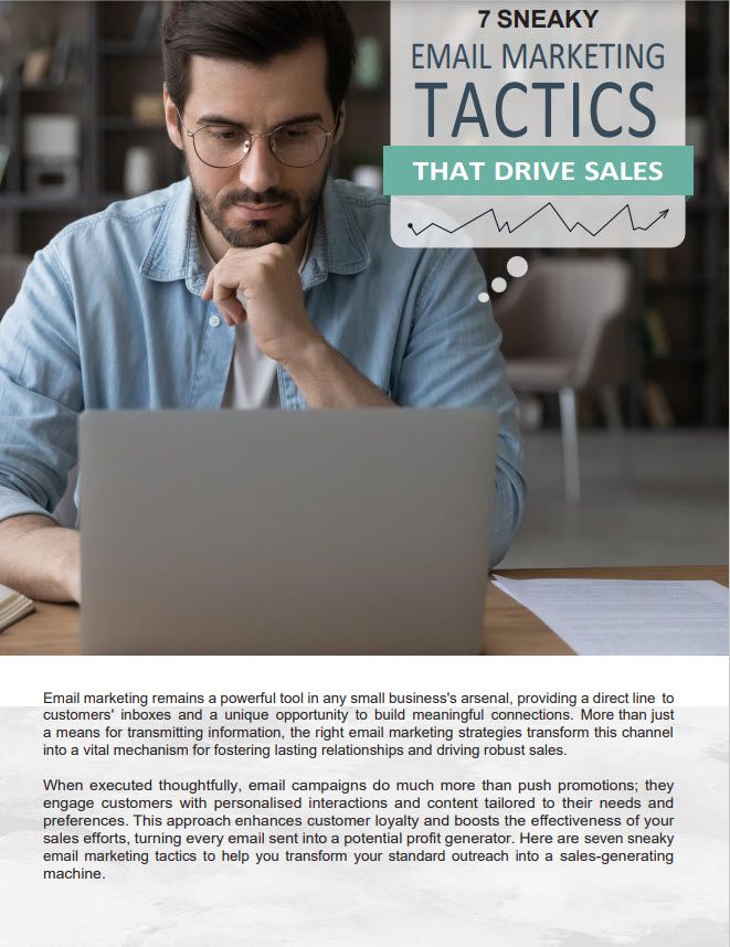 A Man Sitting At A Desk, Wearing Glasses And A Headphone, Working On A Laptop. Text Reads: “7 Sneaky Email Marketing Tactics That Drive Sales.” Additional Text Explains The Benefits Of Email Marketing.