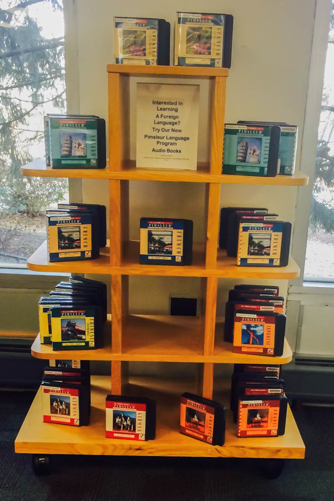 Shelf that showcases language CDs in the Holy Spirit Library. (Brianna Morrell/Asst. Social Media Editor)