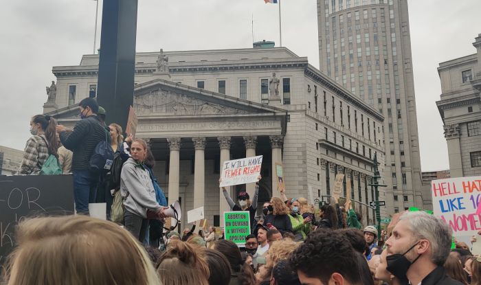 Protestors rallying at an abortion protest at Foley Square in May 2022.