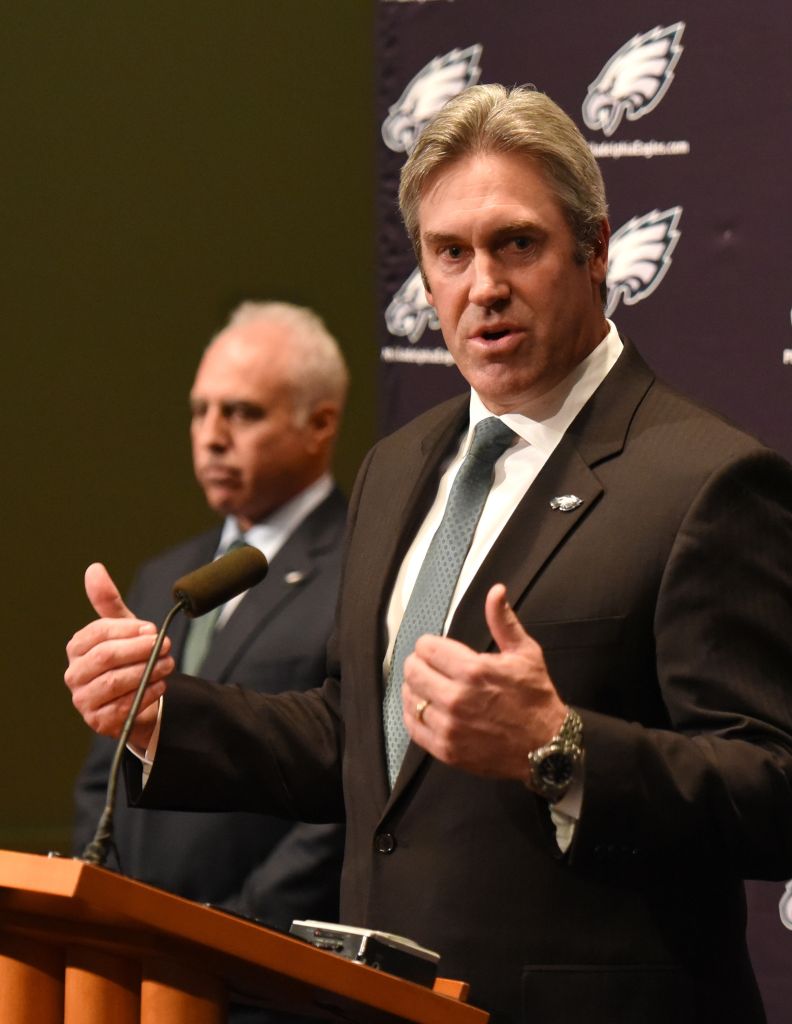 Philadelphia Eagles head coach Doug Pederson during a news conference at the NovaCare Complex in Philadelphia on Tuesday, Jan. 19, 2016. Eagles owner Jeffrey Lurie is at left. (Clem Murray/Philadelphia Inquirer/TNS)