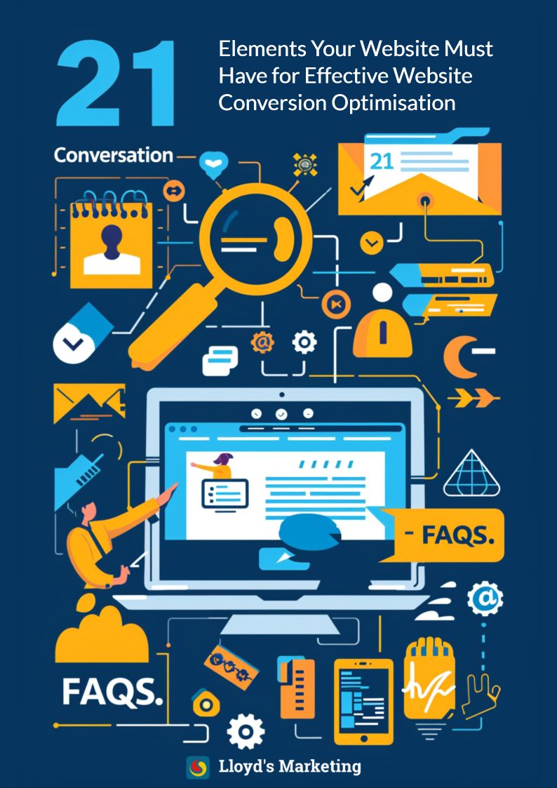 Infographic Listing 21 Elements For Effective Website Conversion Optimization, Featuring Icons Like A Magnifying Glass, Gears, Email, Computer Monitor, And &Quot;Faqs&Quot; Text, Branded With Lloyd'S Marketing.