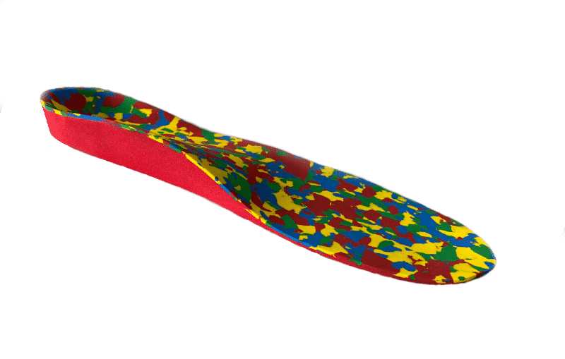 A red orthotic with a colourful top cover