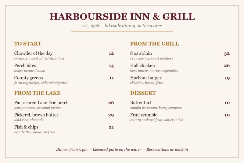 Tonight’s dinner menu at Harbourside Inn & Grill