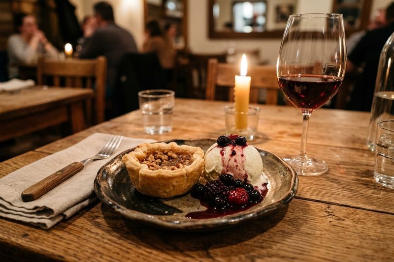 A Canadian butter tart with vanilla ice cream and berry compote