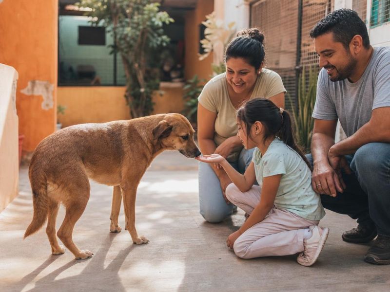 Una familia saluda con calma a un perro de refugio; la niña le ofrece la mano para que la huela