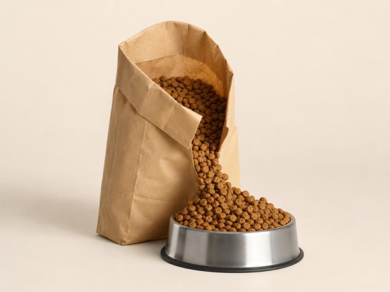 Imagen generada con IA del tipo de producto: una bolsa de croquetas para cachorro sin marca y un plato de acero. No es la foto de la tienda; el producto real puede variar.