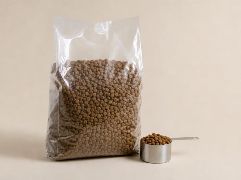 Imagen generada con IA del tipo de producto: una bolsa de croquetas ligeras sin marca y una taza medidora. No es la foto de la tienda; el producto real puede variar.