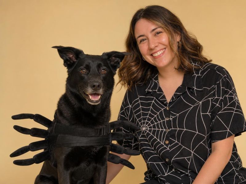 Un perro con arnés de araña de patas de tela junto a su dueño con playera de telaraña