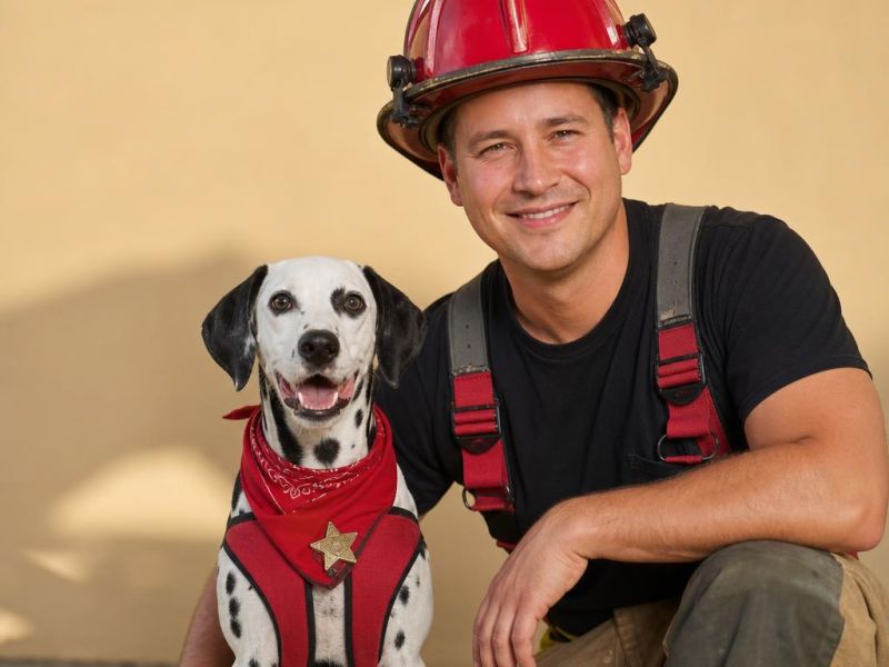 Un perro con bandana roja y chaleco de estación de bomberos junto a su dueño vestido de bombero