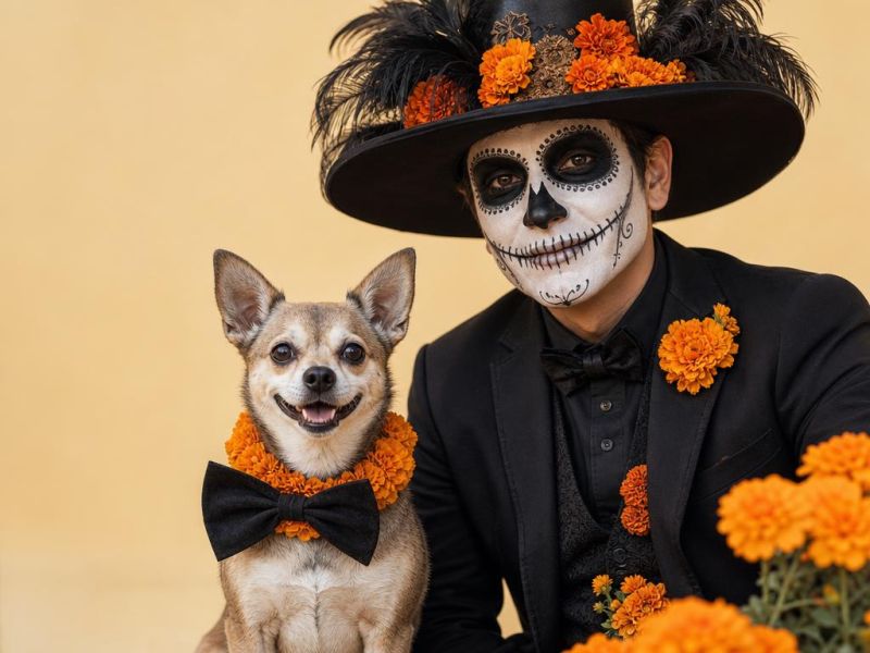 Un perro con moño y collar de flores de cempasúchil junto a su dueño vestido de catrín