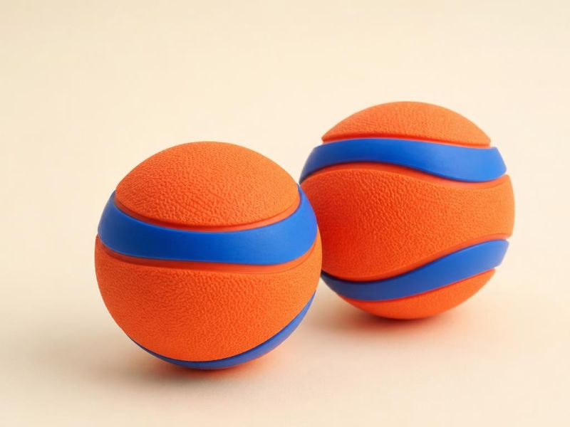 Imagen generada con IA del tipo de producto: dos pelotas de hule naranja con franja azul. No es la foto de la tienda; el producto real puede variar.