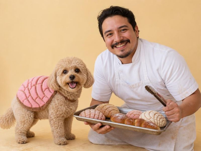 Un perro con chaleco de concha de pan dulce y su dueño vestido de panadero
