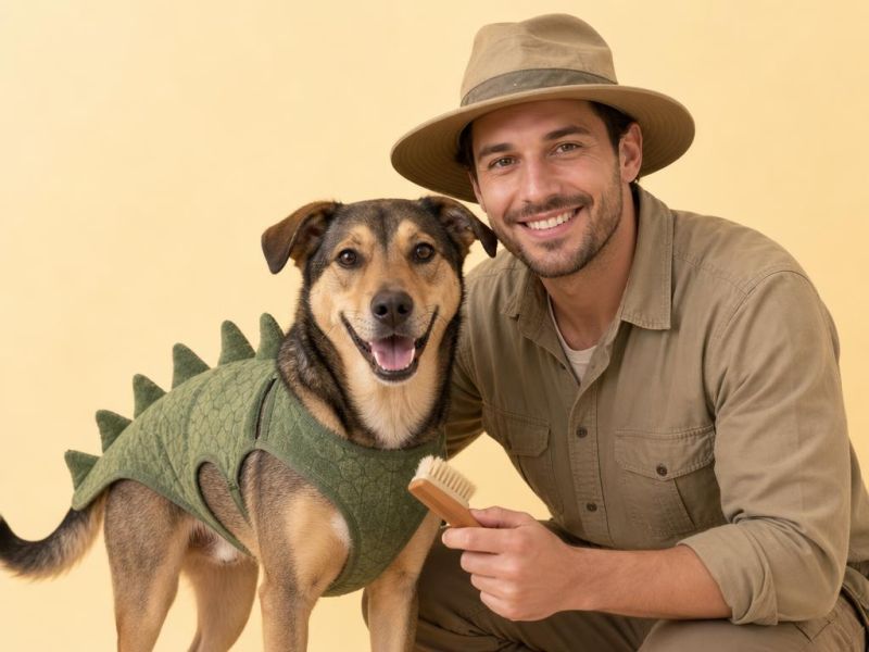 Un perro con arnés de dinosaurio de tela y su dueño vestido de paleontólogo
