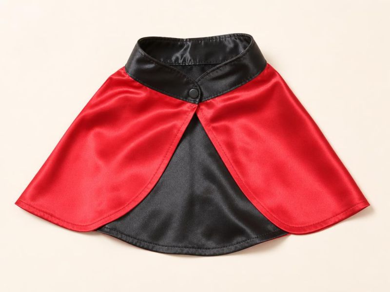 Imagen generada con IA del tipo de producto: una capa corta roja y negra con broche. No es la foto de la tienda; el producto real puede variar.