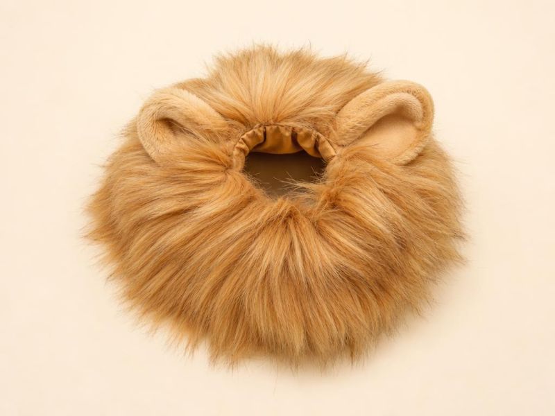Imagen generada con IA del tipo de producto: una melena de león de peluche dorado para perro. No es la foto de la tienda; el producto real puede variar.