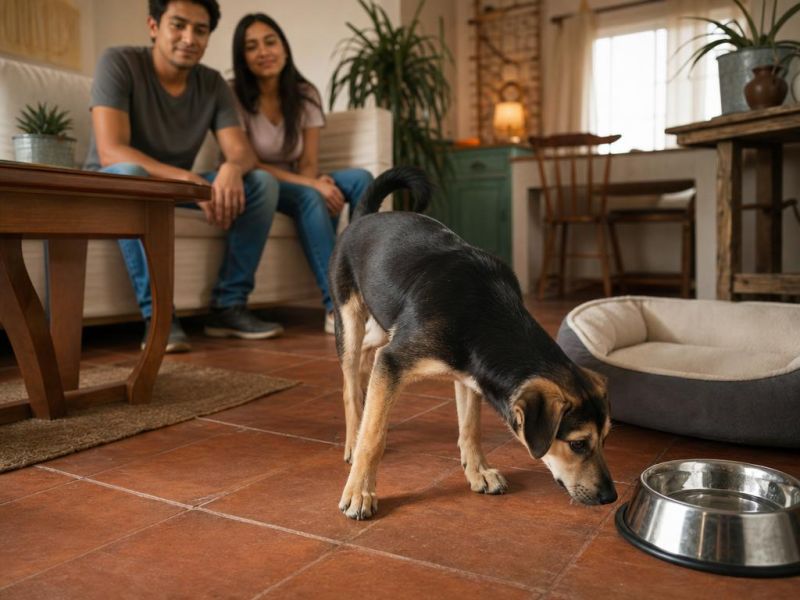 Un perro recién adoptado huele su nueva casa; la cama y el agua ya lo esperan