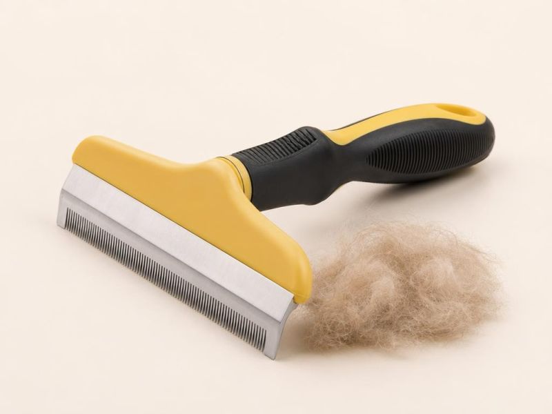 Imagen generada con IA del tipo de producto: un deslanador con peine de acero y mango ergonómico. No es la foto de la tienda; el producto real puede variar.