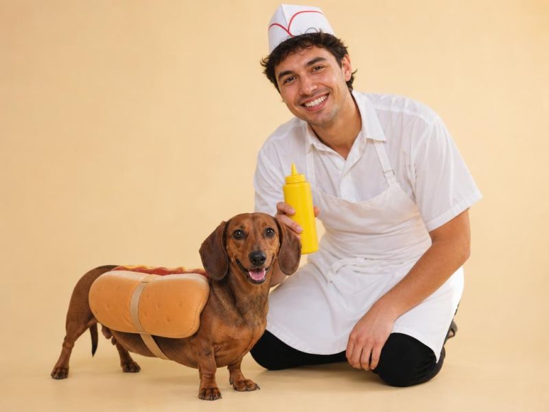 Un perro salchicha con chaleco de pan de hot dog y su dueña vestida de vendedora