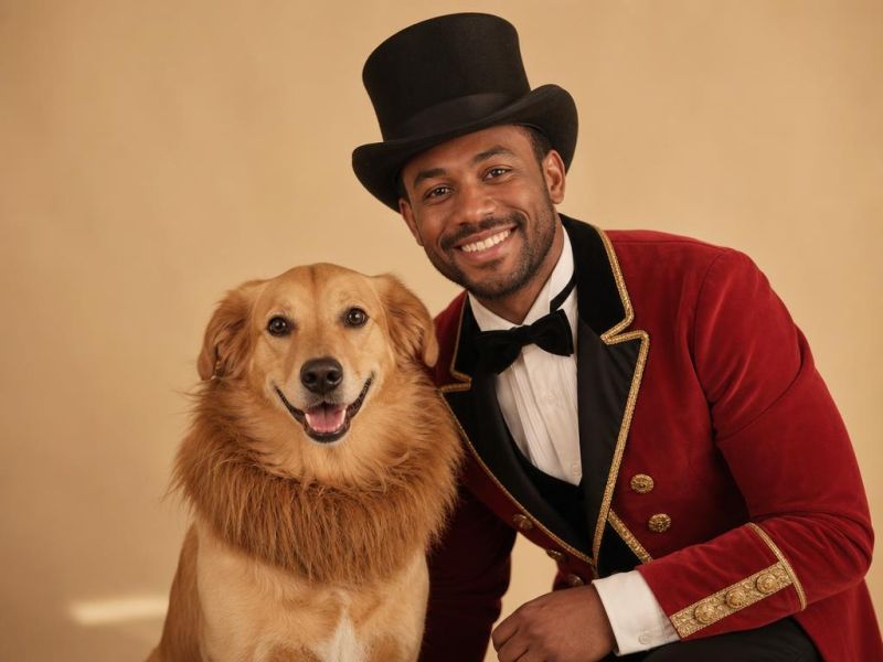 Un perro con melena de león de quita y pon junto a su dueño vestido de domador de circo