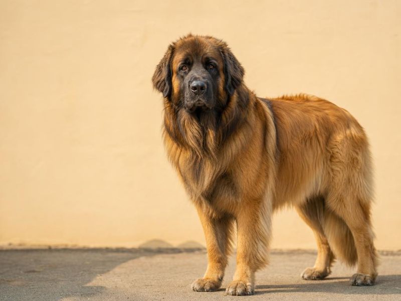 Leonberger color leonado con máscara negra y melena mirando a la cámara