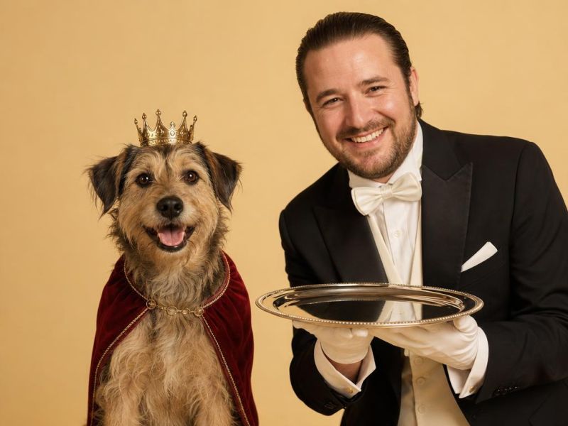 Un chucho mestizo con corona y capa de lord junto a su dueño vestido de mayordomo