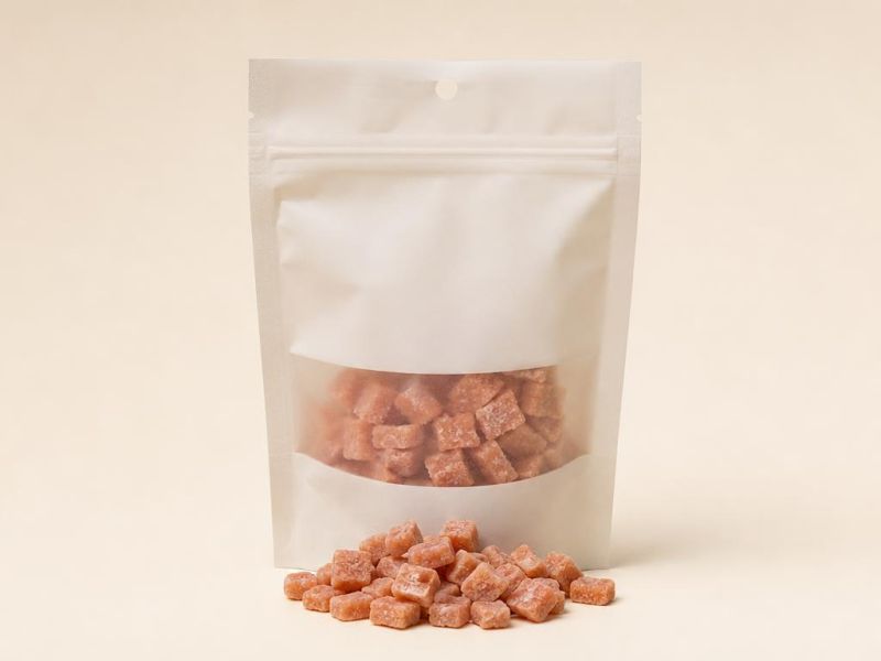 Imagen generada con IA del tipo de producto: una bolsa de premios blanditos con pedacitos chicos regados. No es la foto de la tienda; el producto real puede variar.