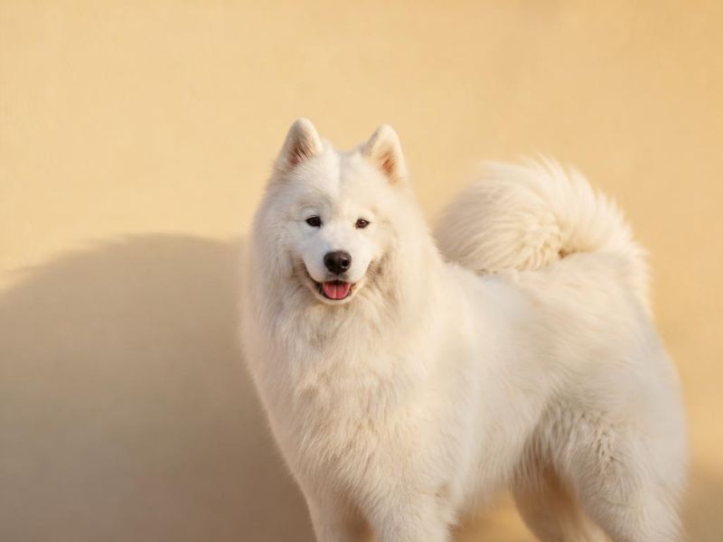 Samoyedo blanco con su sonrisa mirando a la cámara