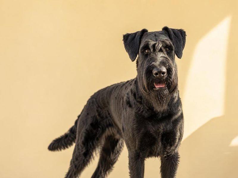 Schnauzer Gigante negro con barba y orejas naturales mirando a la cámara