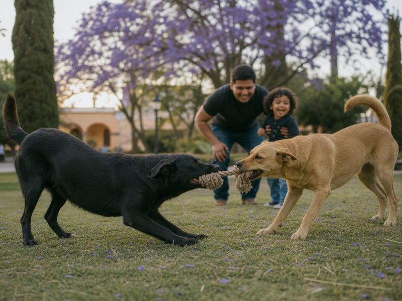 Dos perros mestizos juegan a jalar una cuerda en un parque con jacarandas
