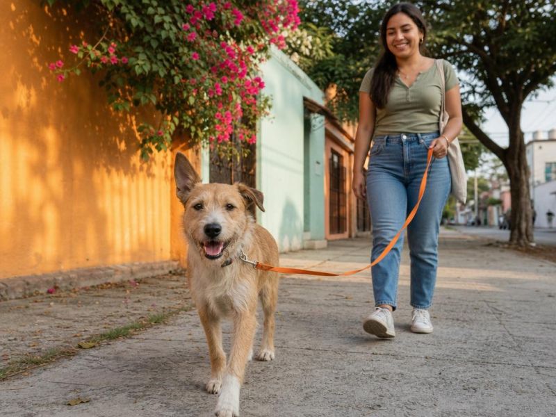 Un chucho mestizo de oreja parada pasea feliz con su dueña por una banqueta de barrio con fachadas de colores
