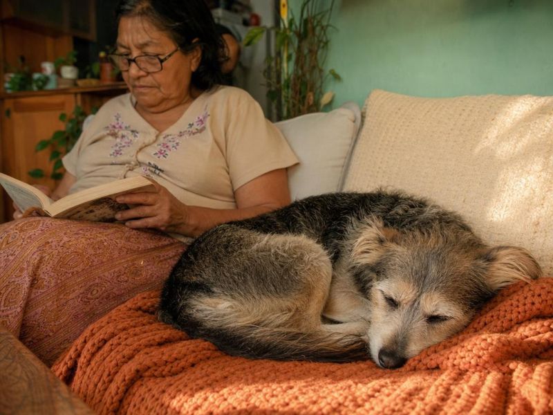 Un chucho chiquito duerme hecho bolita en el sillón junto a una abuela que lee
