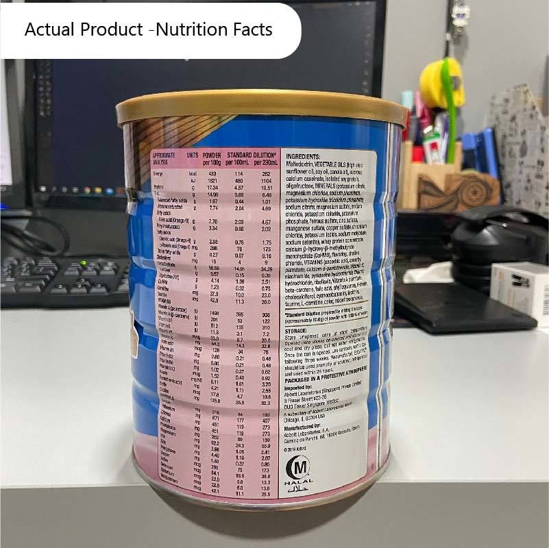 Ensure Life HMB Strawberry 850g side view of tin can- nutrition analysis and ingredients