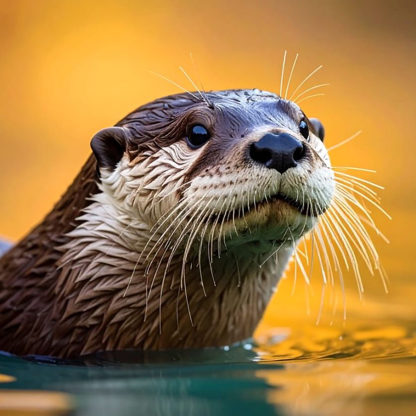 Curious otter peeking above golden water