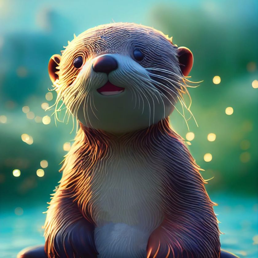 Illustrated baby sea otter in glowing blue water