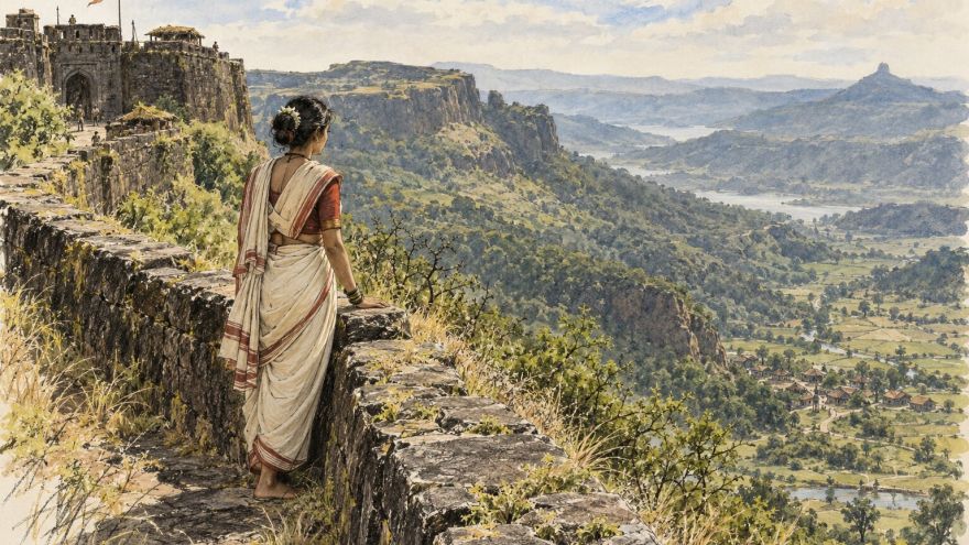 Hirkani Baai standing at Raigad Fort. Blog post by gaathastory. AI generated image