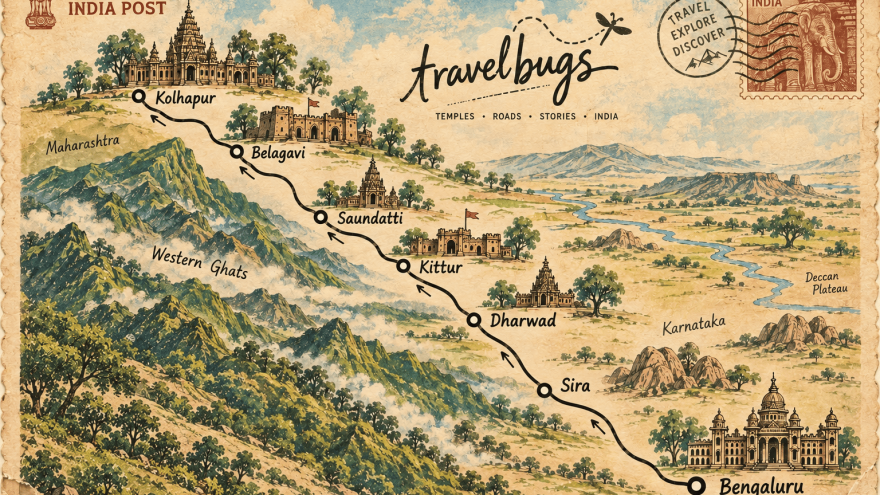 Postal stamp showing map of road trip from Bengaluru to Kolhapur. Aug 2026. AI generated image